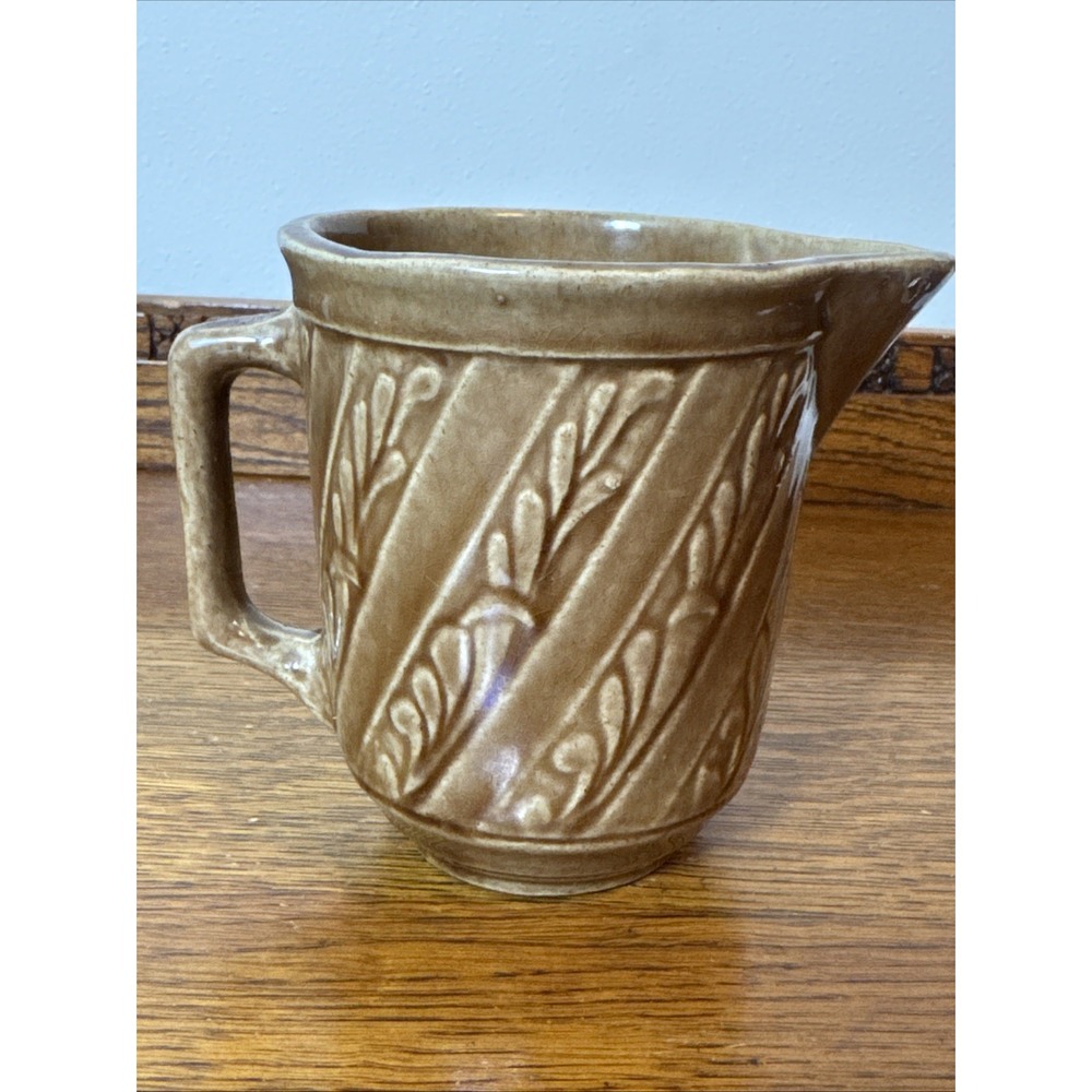 Monmouth Brown Stoneware Pitcher Vintage USA Pottery 5.25" Tall Embossed Design